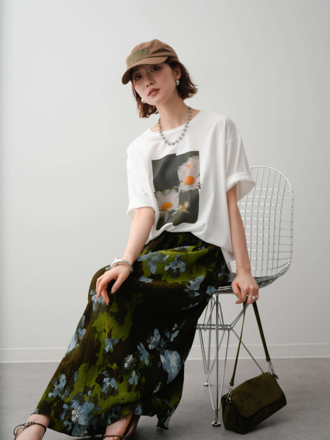 【着回しセット】フラワーフォトTEE+フラワープリントドレープタックパンツ+フラワープリントIラインギャザースカート(3set)