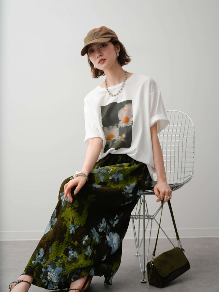 【着回しセット】フラワーフォトTEE+フラワープリントドレープタックパンツ+フラワープリントIラインギャザースカート(3set)