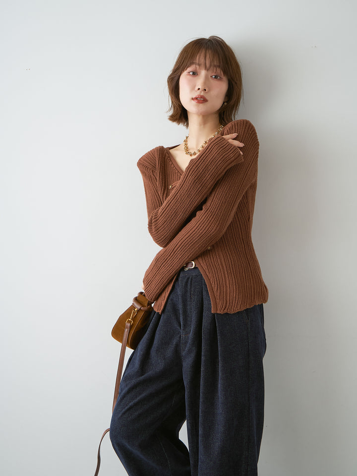 [予約]ナポレオンVネックリブニットトップス/brown