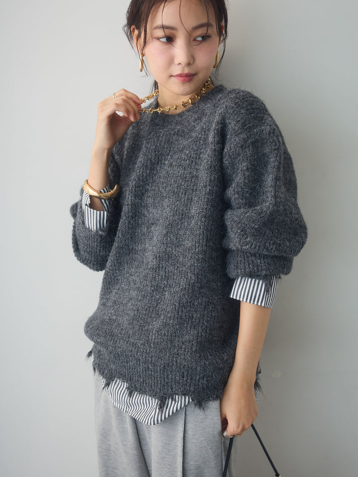 [SET]シャツレイヤードデザインモヘアプルオーバー+2WAYデザインスウェットパンツ(2set)