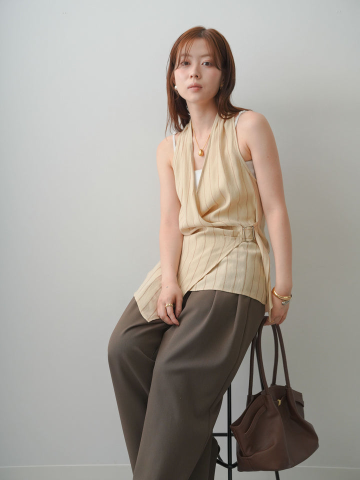 [SET]ストライプカシュクールジレ+クレープデシンタックワイドパンツ(2set)
