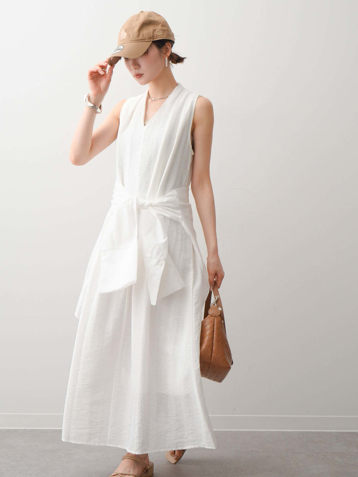 [予約]ショルダーギャザーVネックノースリワンピース/white