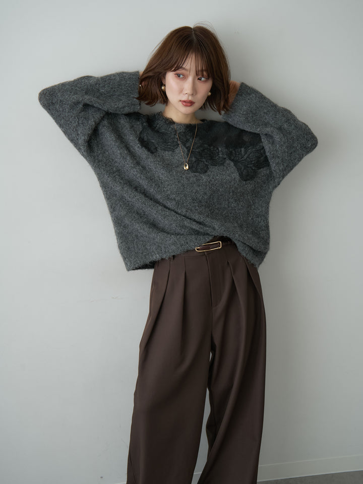 [予約]ショルダーシアーレースニットトップス/gray
