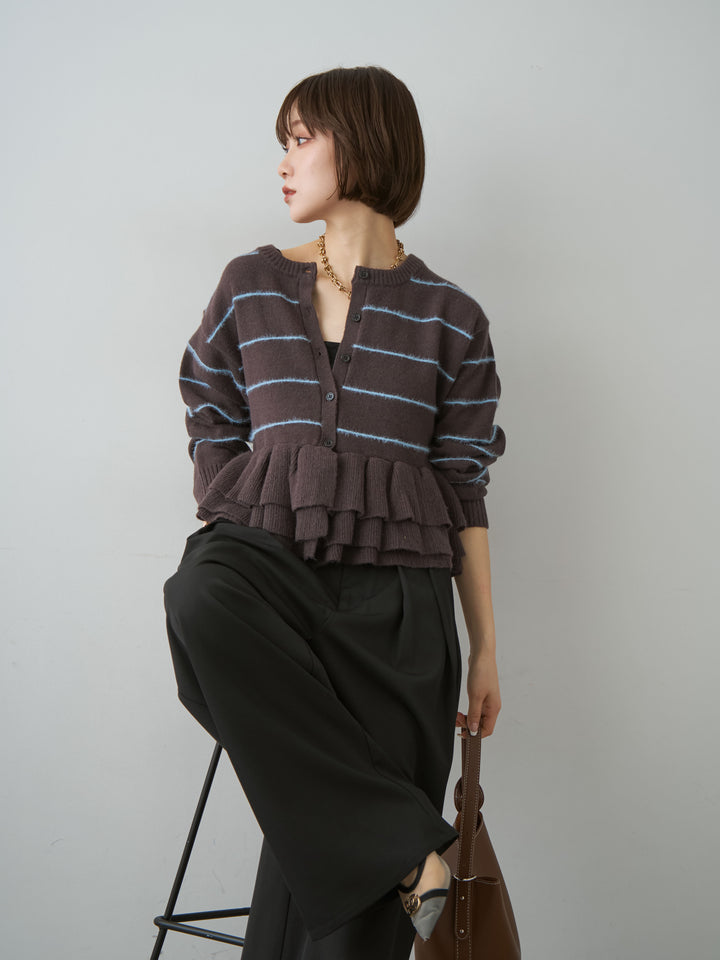 [予約]フェザーボーダーフリルカーディガン/brown