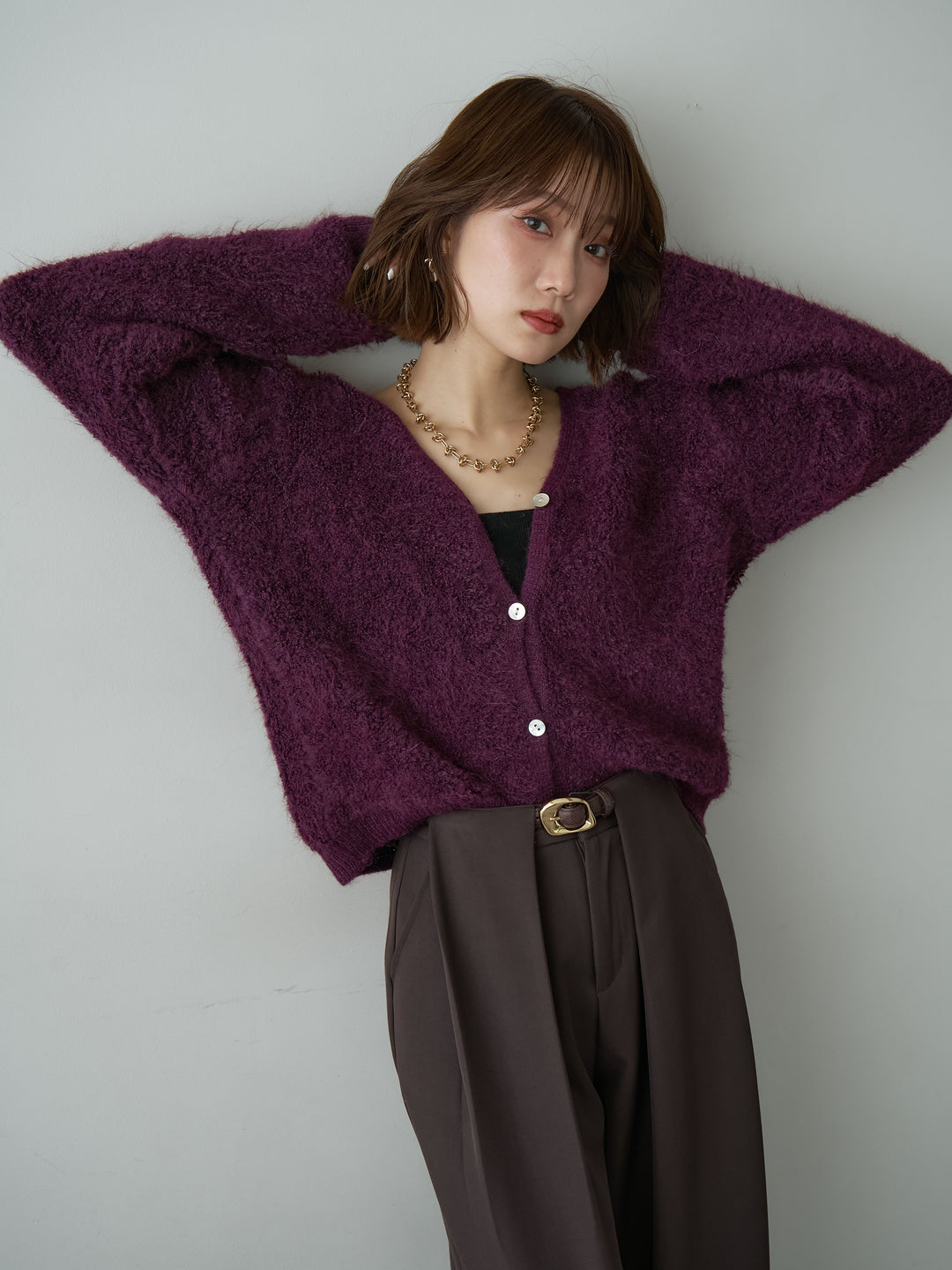 [SET]ブークレクロップニットカーディガン+ベルトループデザインワイドパンツ(2set)