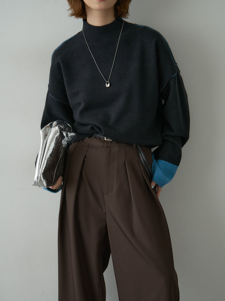 [予約]バイカラートリムワイドハイネックニットトップス/black