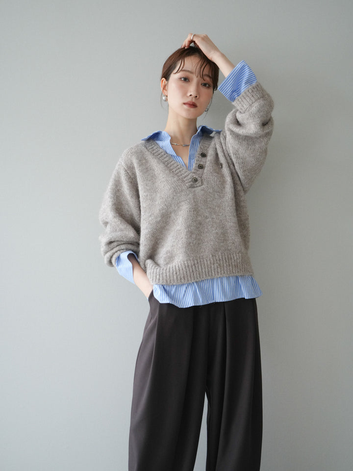 [SET]ストライプシャツドッキングMIXヤーンニットプルオーバー+ベルトループデザインワイドパンツ(2set)