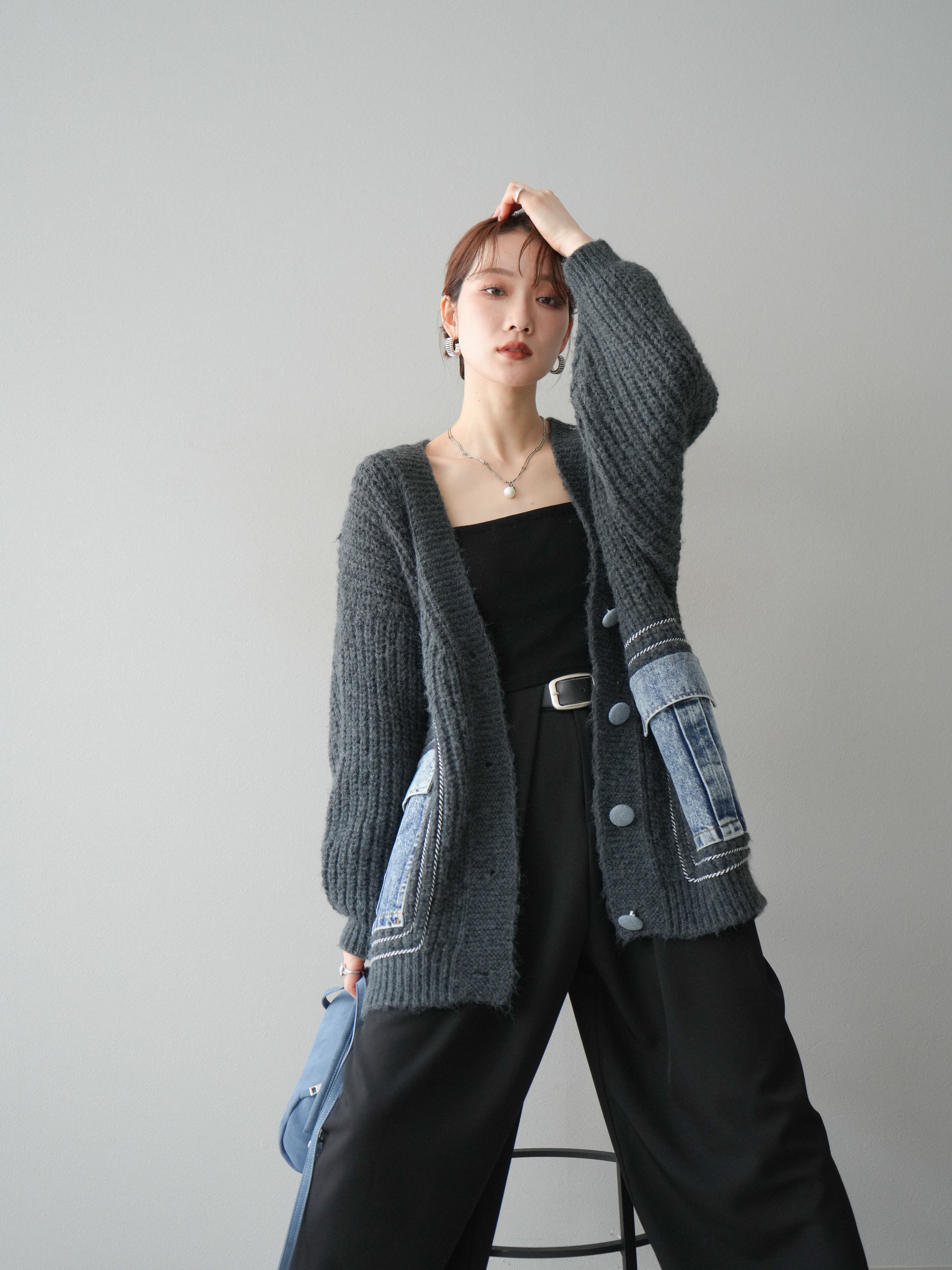 予約]デニムポケットハンドステッチカーディガン/gray – Lumier