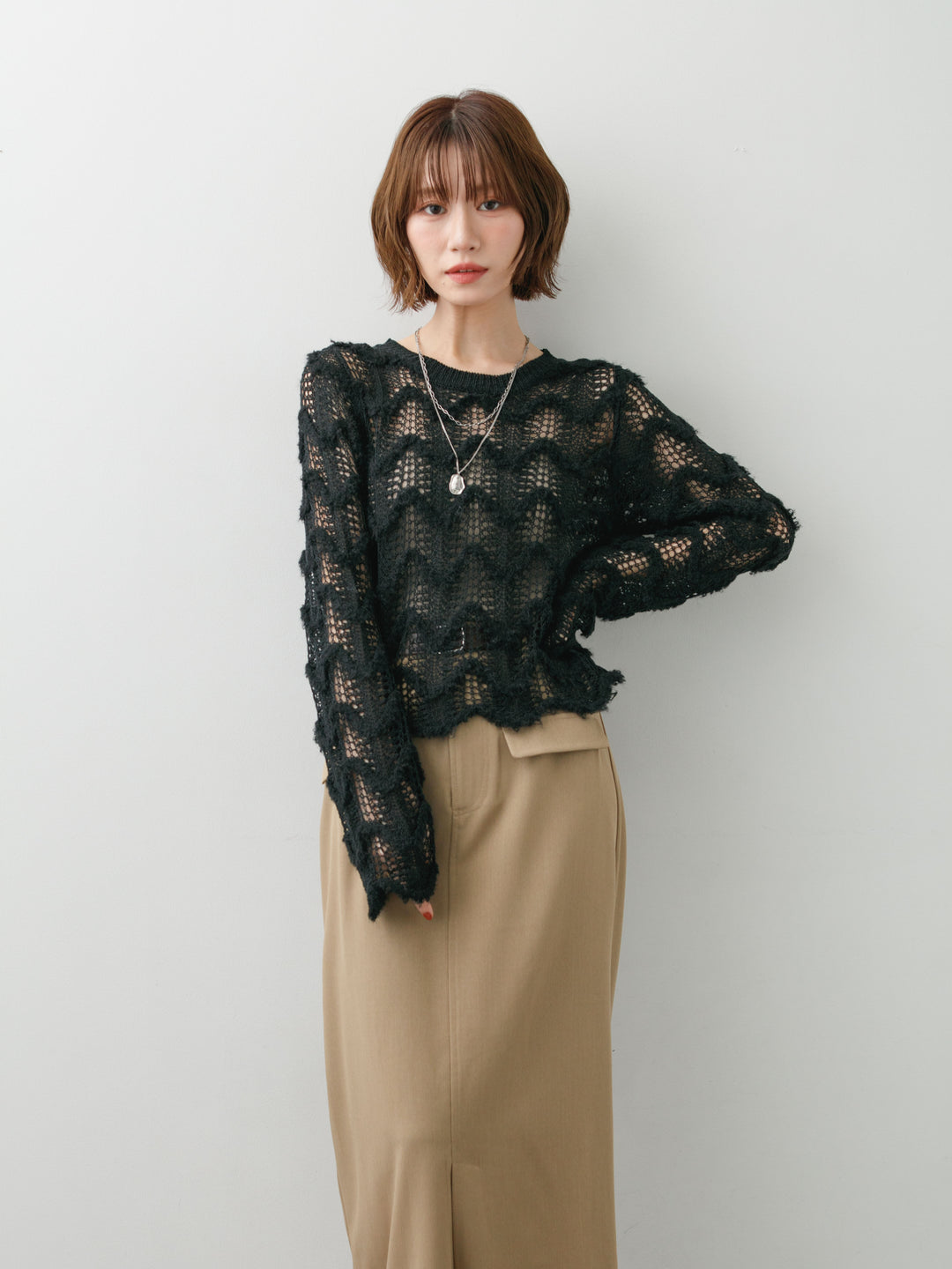 [SET]ウェーブライン透かし編ニットトップス+クレープデシンフラップ付きストレートスカート(2set)