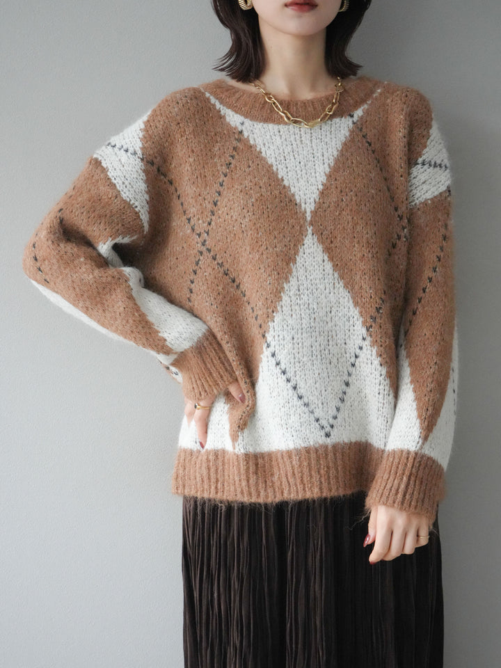 [SET]アーガイルオーバーニットプルオーバー+スエードワッシャープリーツスカート(2set)