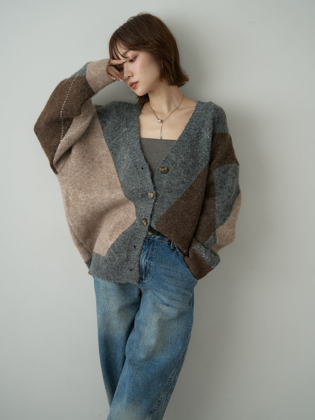 [SET]アーガイルオーバーニットカーディガン+選べるアクセセット(2set)