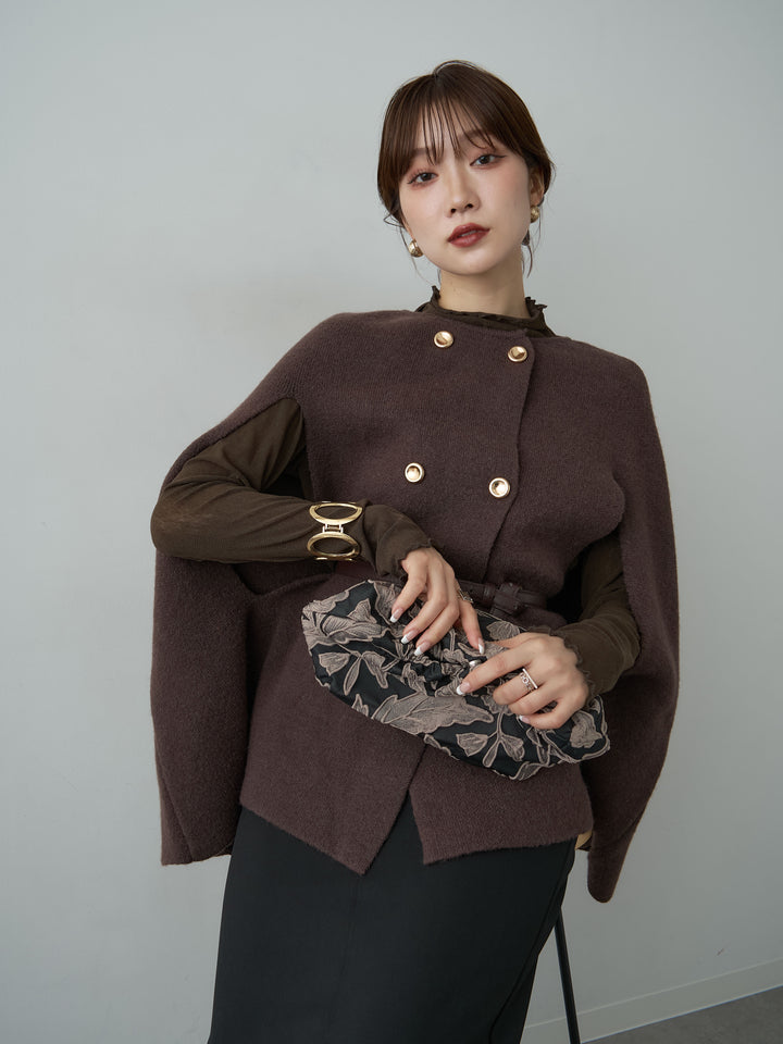 [SET]ゴールドボタンニットケープコート+クレープデシンフラップ付きストレートスカート(2set)