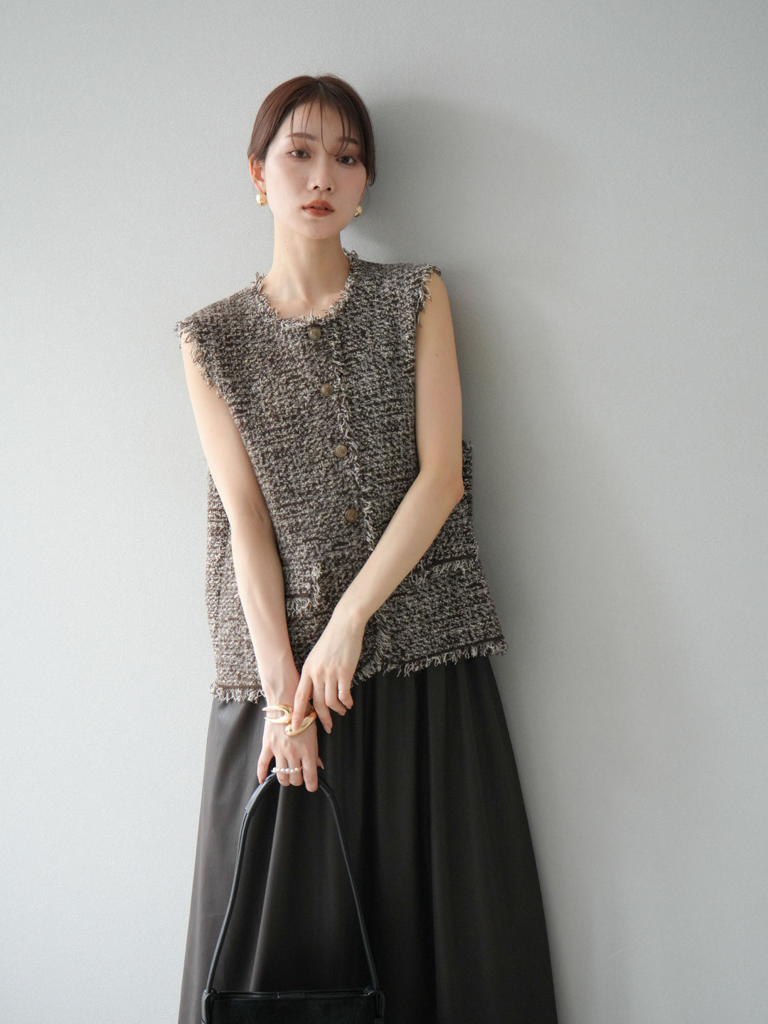 [予約]ミックスツイードフリンジニットベスト/ブラウン