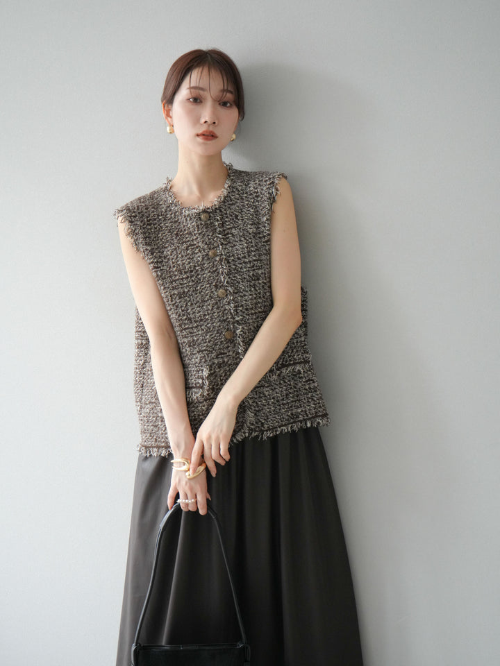 [予約]ミックスツイードフリンジニットベスト/ブラウン