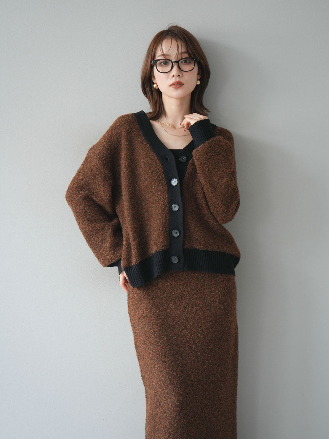 [SET]ブークレバイカラーニットカーディガン+ブークレバイカラータイトニットスカート(2set)