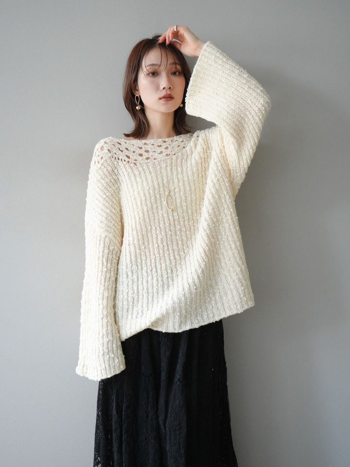 [予約]ボートネック透かし編みニットプルオーバー/white