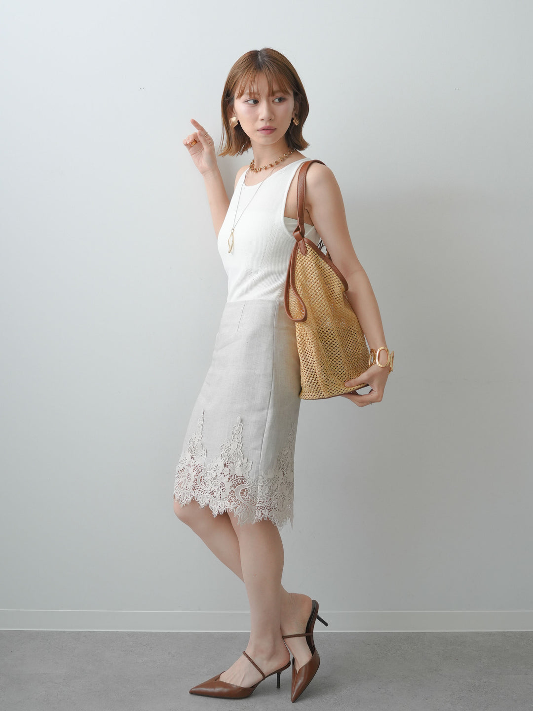[SET]バックスリットニットタンクトップ+スカラップレーススカート(2set)