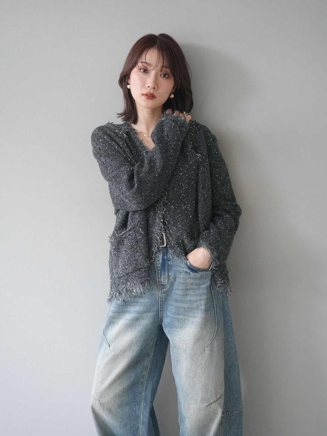 [予約]ネップフリンジニットカーディガン/ gray