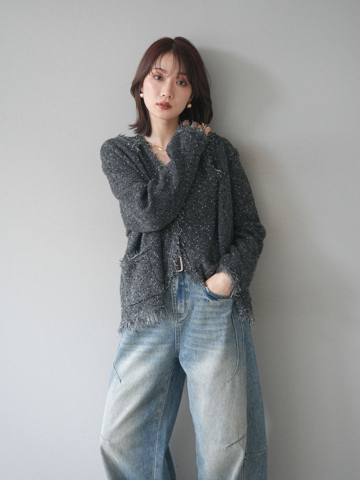 [予約]ネップフリンジニットカーディガン/ gray