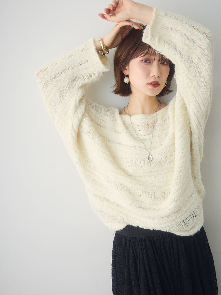 [SET]ミックス透かし編ワイドネックニットトップス+ベロアレースドレープフレアスカート(2set)