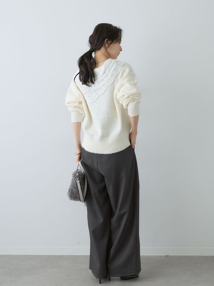 [SET]モヘアレースショールカラーカーディガン+ツイルタックワイドパンツ(2set)
