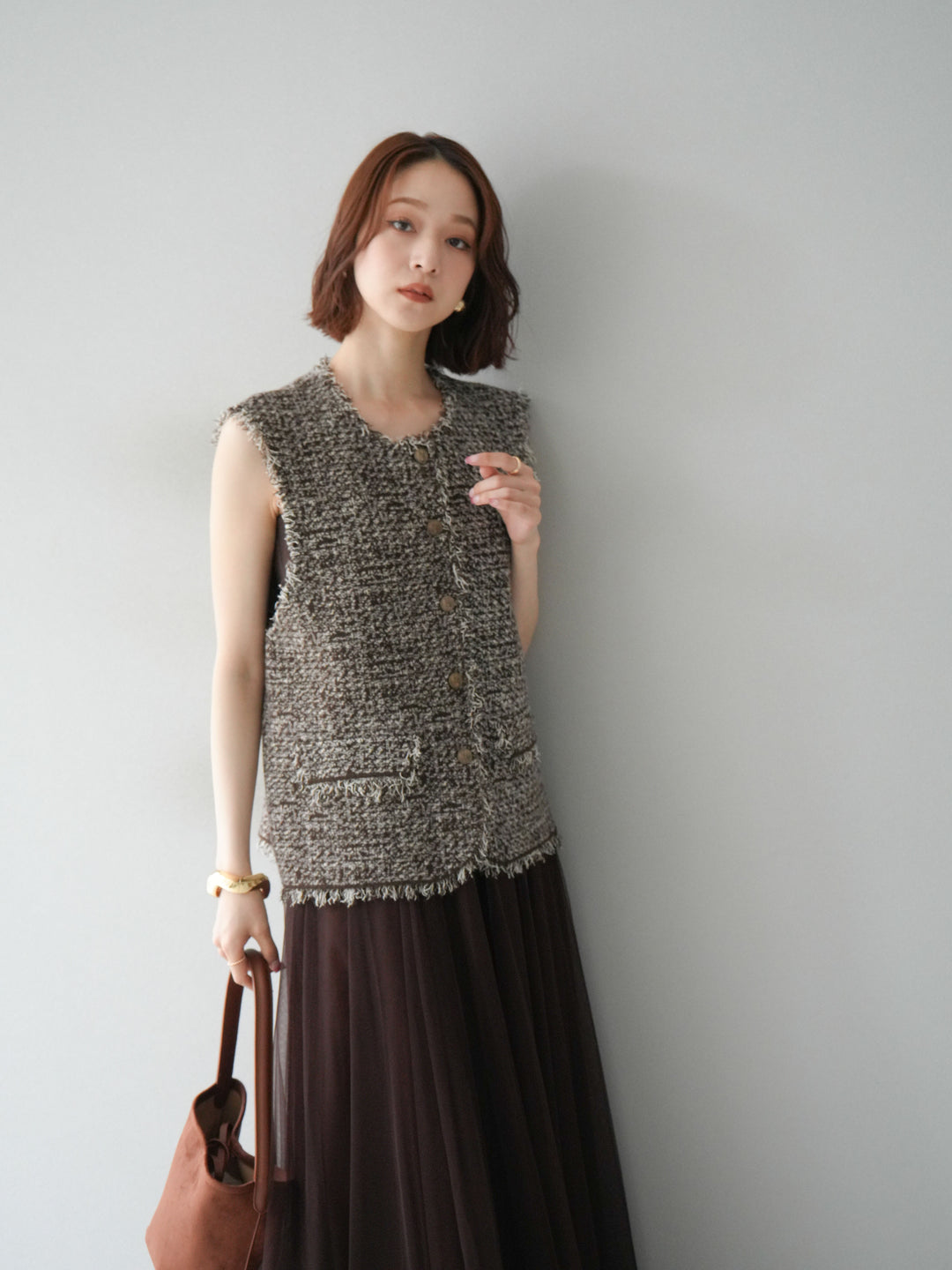 [予約]ミックスツイードフリンジニットベスト/ブラウン