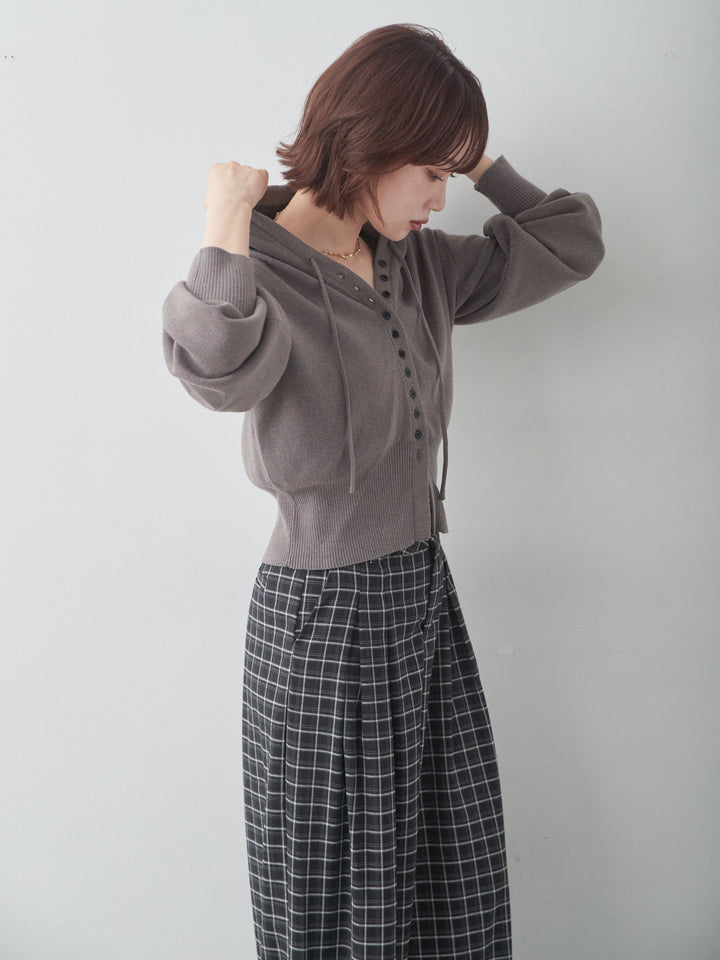 [SET]ボリュームスリーブフードニットカーディガン+チェックドレープワイドパンツ(2set)