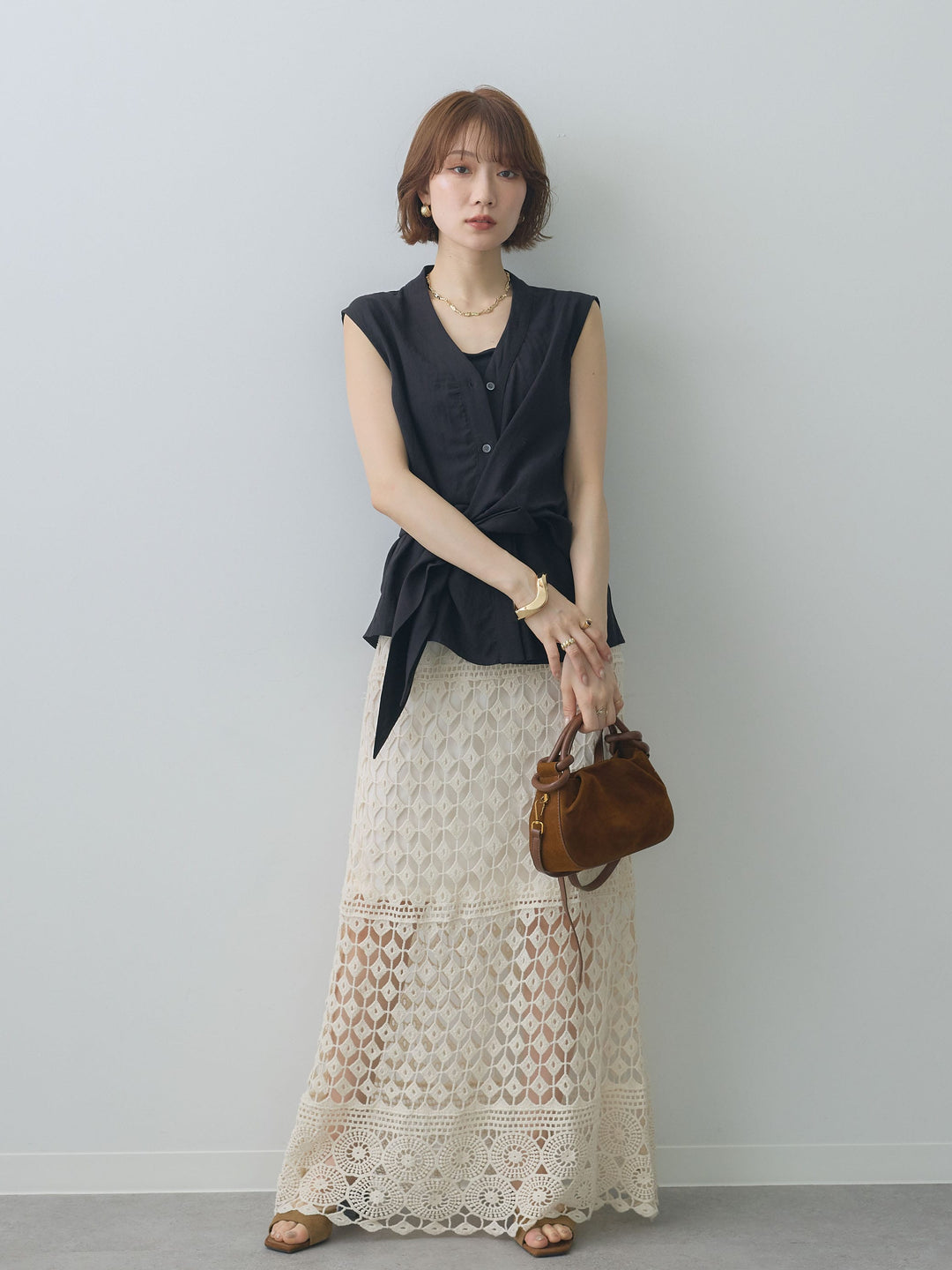 [SET]巻きデザインノースリブラウス+クロシェレースIラインスカート(2set)