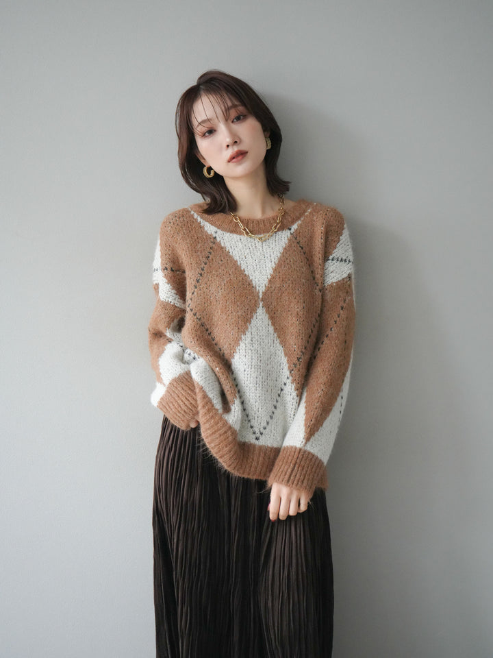 [予約]アーガイルオーバーニットプルオーバー/camel