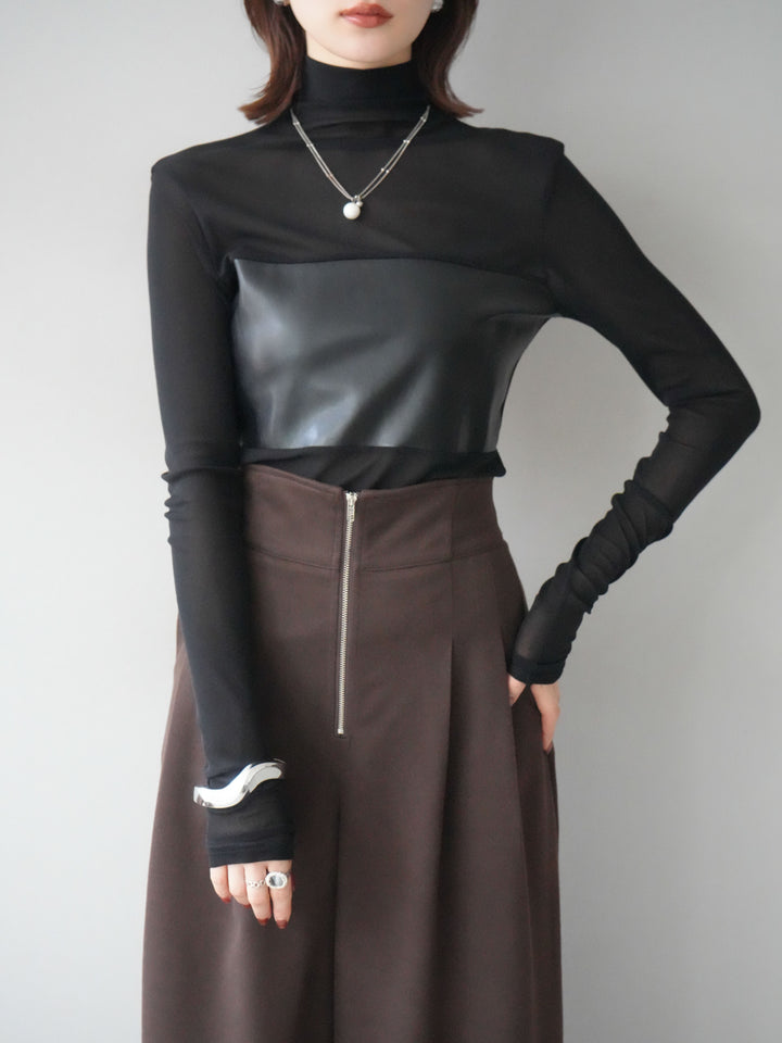 [予約]レザー切替プチネックシアートップス/black