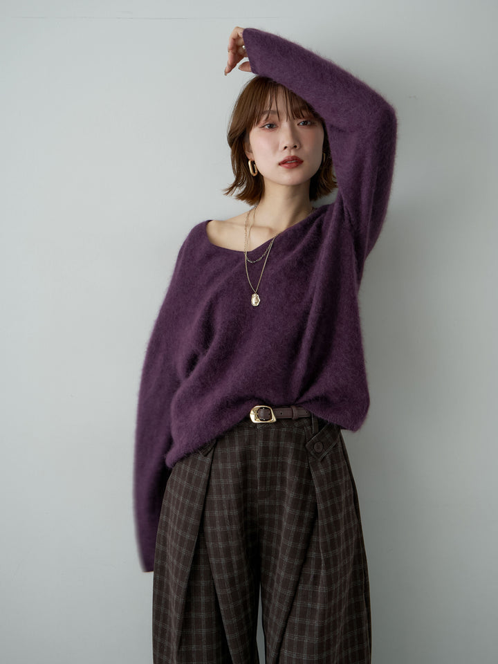 [SET]カシミア混フェザータッチVネックニットトップス+チェックサイドベルトデザインタックパンツ(2set)