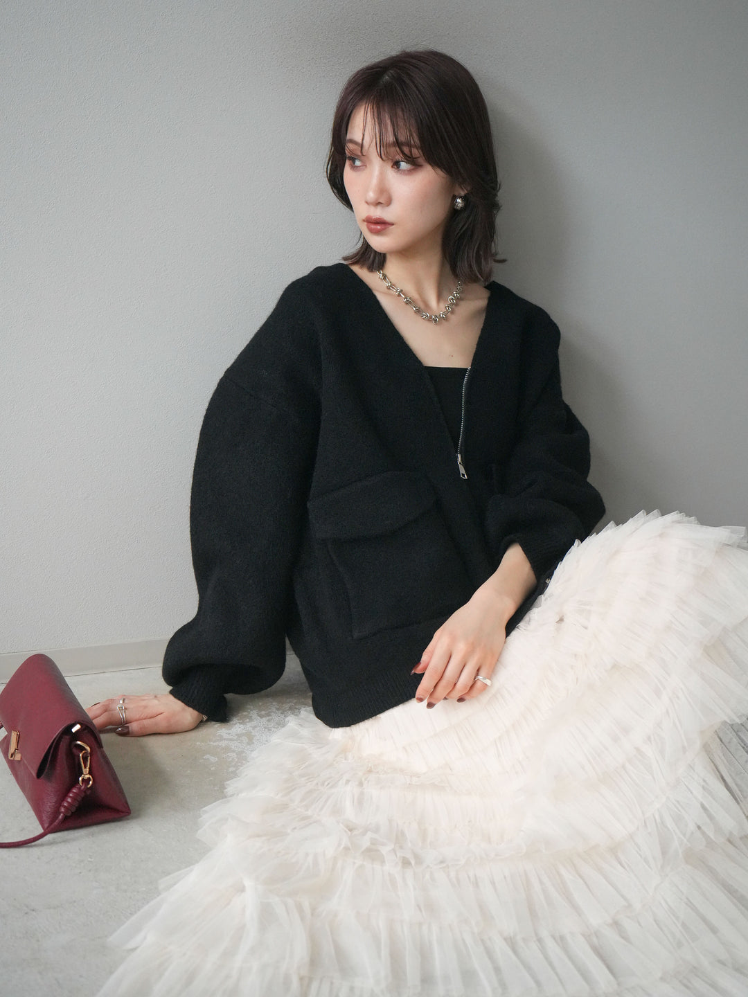 [予約]BIGポケットジップニットカーディガン/black