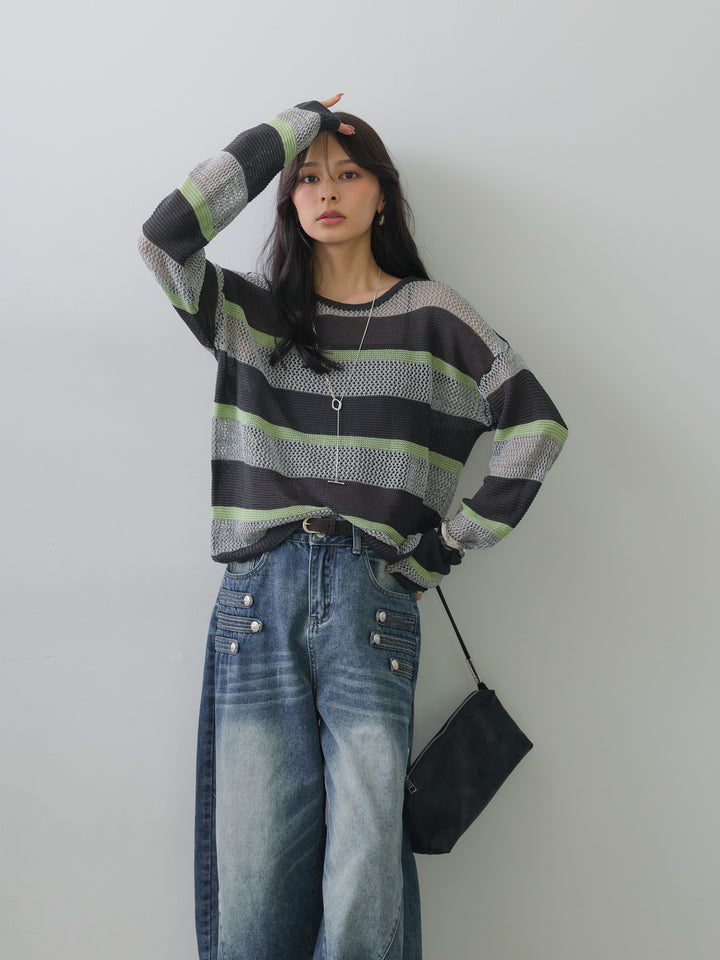 [予約]マルチボーダーメッシュニットトップス/green