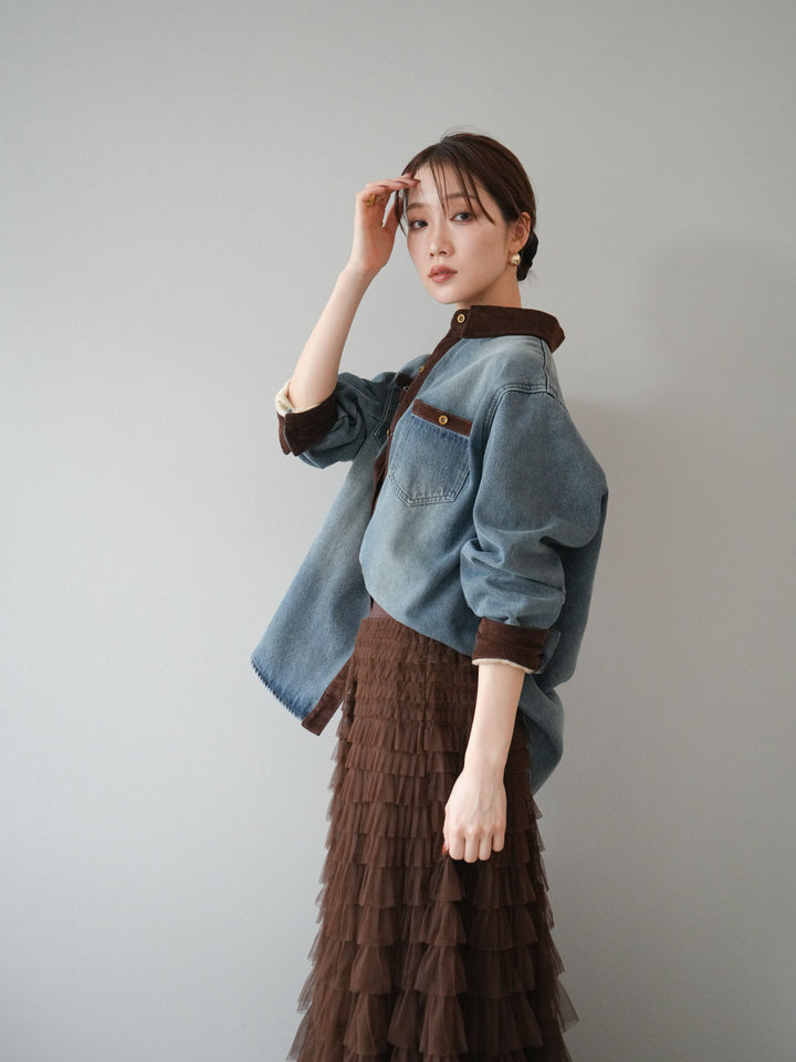 [予約]裏起毛コーデュロイ襟デニムシャツジャケット/ blue