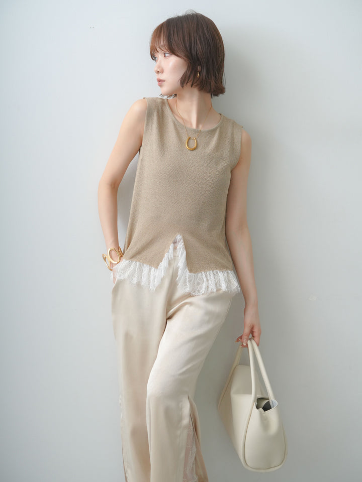 [予約]レースドッキングノースリニットトップス/beige