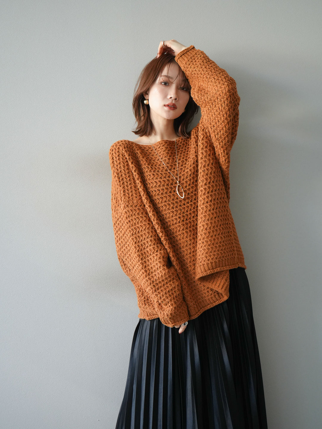 [予約]ネップ透かし編みオーバーニット/camel