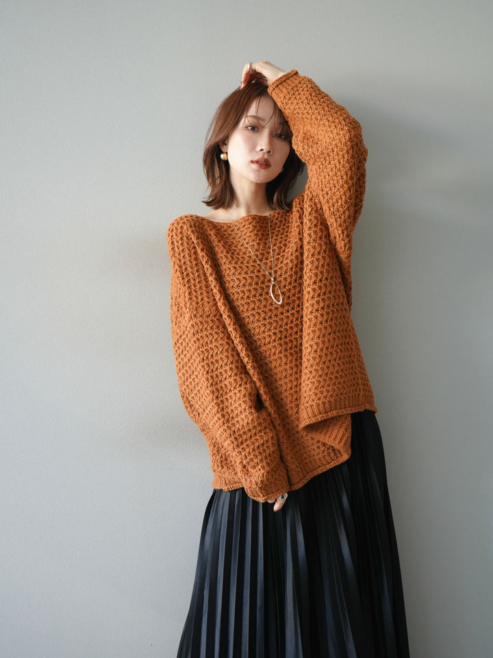 [予約]ネップ透かし編みオーバーニット/camel