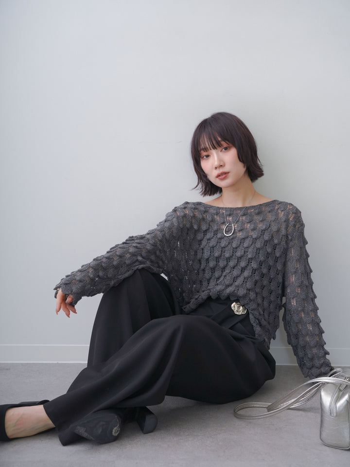 [SET]テクスチャードスカラップニットトップス+シルバーモチーフドレープパンツ(2set)