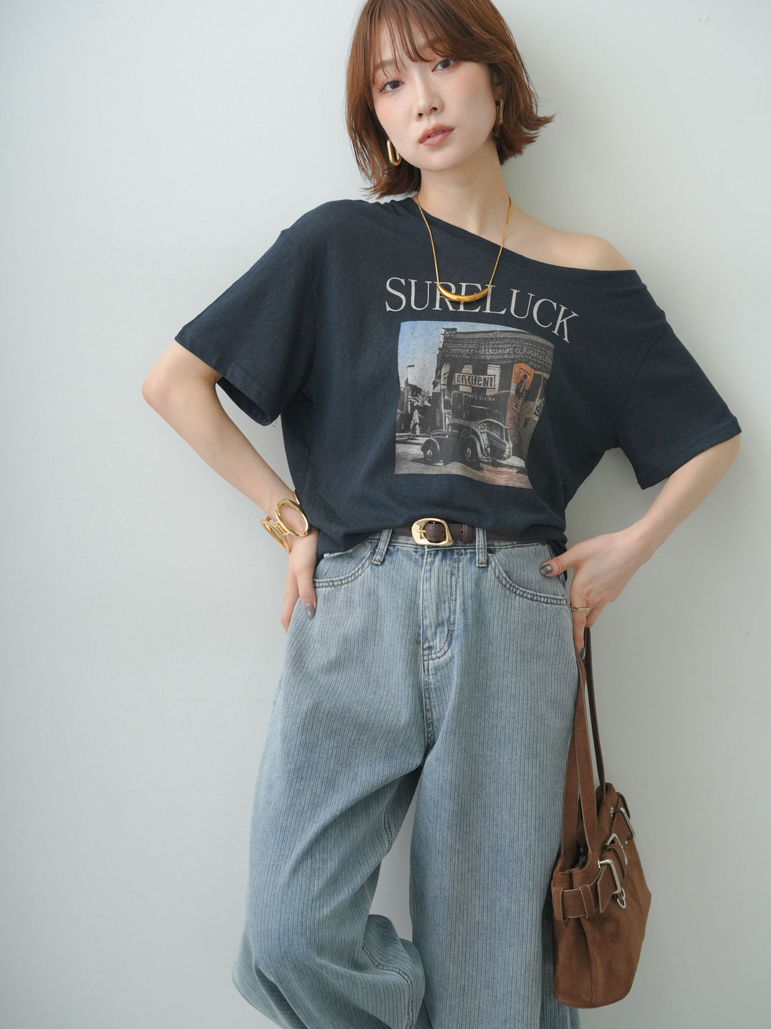 [SET]ワイドネックプリントTEE+ニュアンスウォッシュカーブデニム(2set)