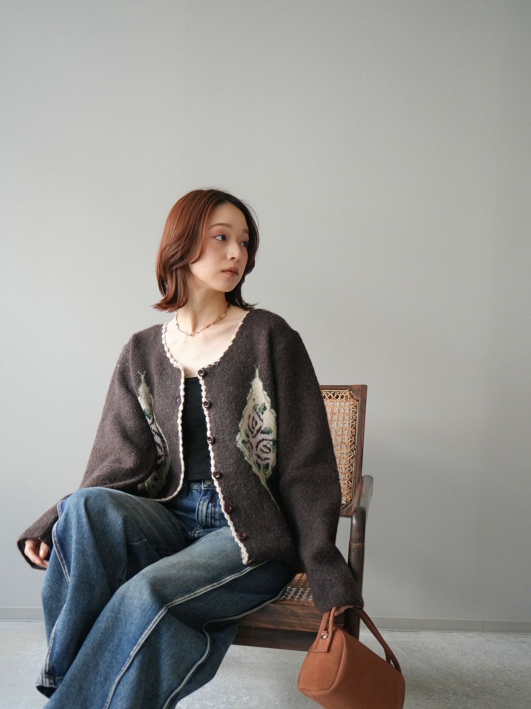 [予約]アンティークフラワージャガードニットカーディガン/brown