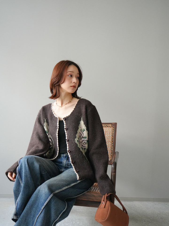 [予約]アンティークフラワージャガードニットカーディガン/brown