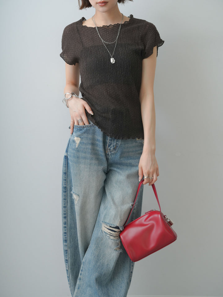 [SET]シャーリングシアーバックオープンフレンチトップス+ダメージデニムセミワイドパンツ(2set)