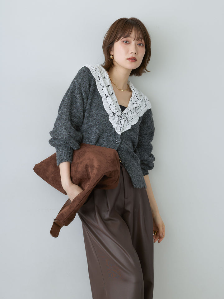 [SET]モヘアレースショールカラーカーディガン+サテンタックワイドパンツ(2set)
