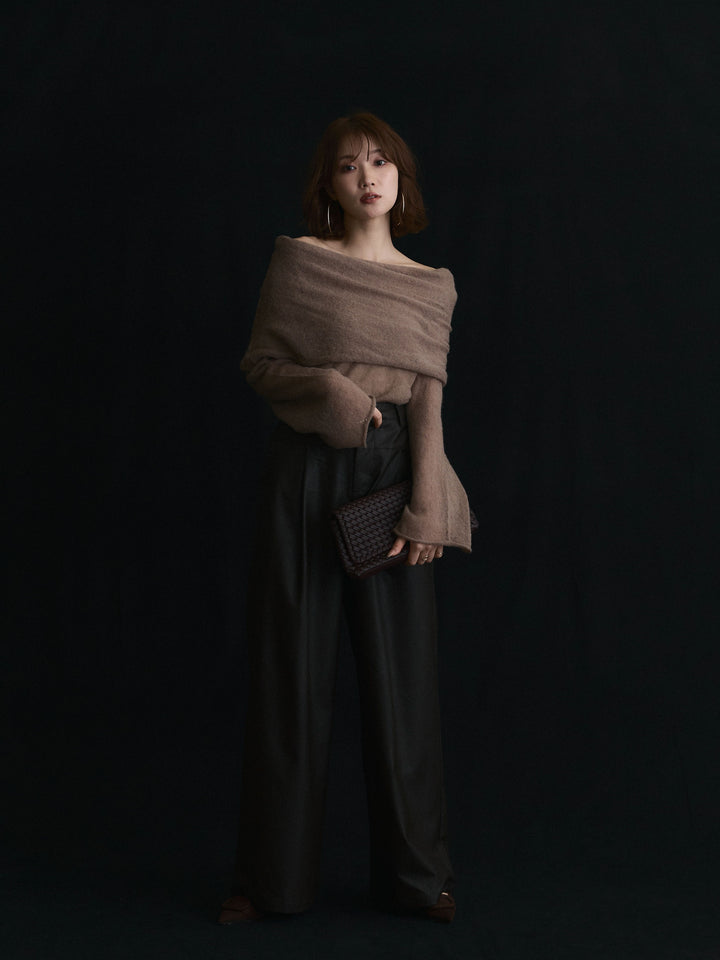 【Allure】[SET]オフショルシアーニットプルオーバー+レザータックセミワイドパンツ(2set)
