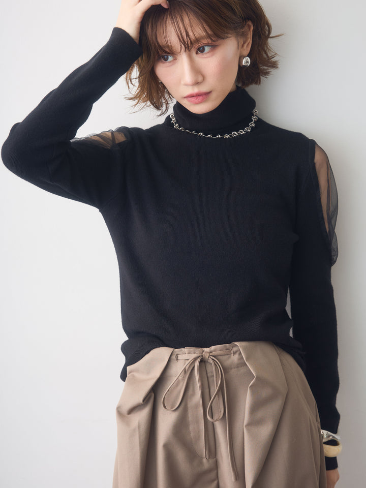 [予約]ショルダーチュールハイネックニットトップス/black
