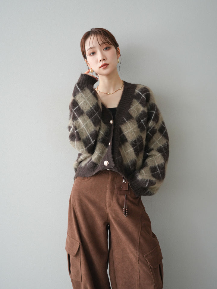 [予約]アーガイルシャギーニットカーディガン/brown