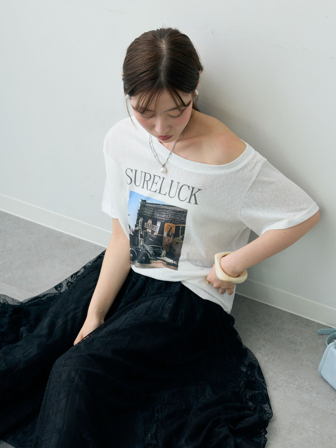 [SET]ワイドネックプリントTEE+ボタニカルパネルレースフレアスカート(2set)
