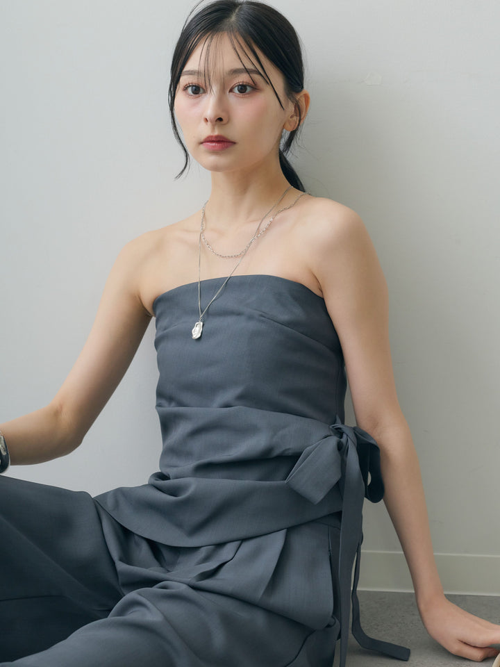 [SET]アシメサイドリボンベアトップス＆タックワイドストレートパンツSET UP(2SET)+アシメサイドリボンベアトップス＆タックワイドストレートパンツSET UP(2SET)(2set)