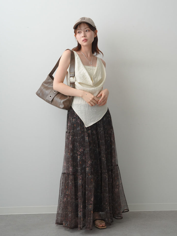 [SET]リネンライクドレープレイヤードデザインノースリトップス+フラワーチュールギャザースカート(2set)