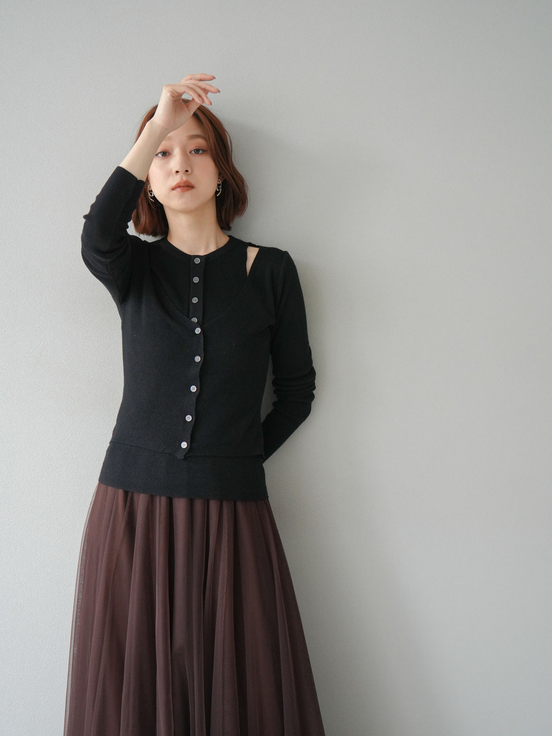[予約]レイヤードデザインニットカーディガン/ブラック